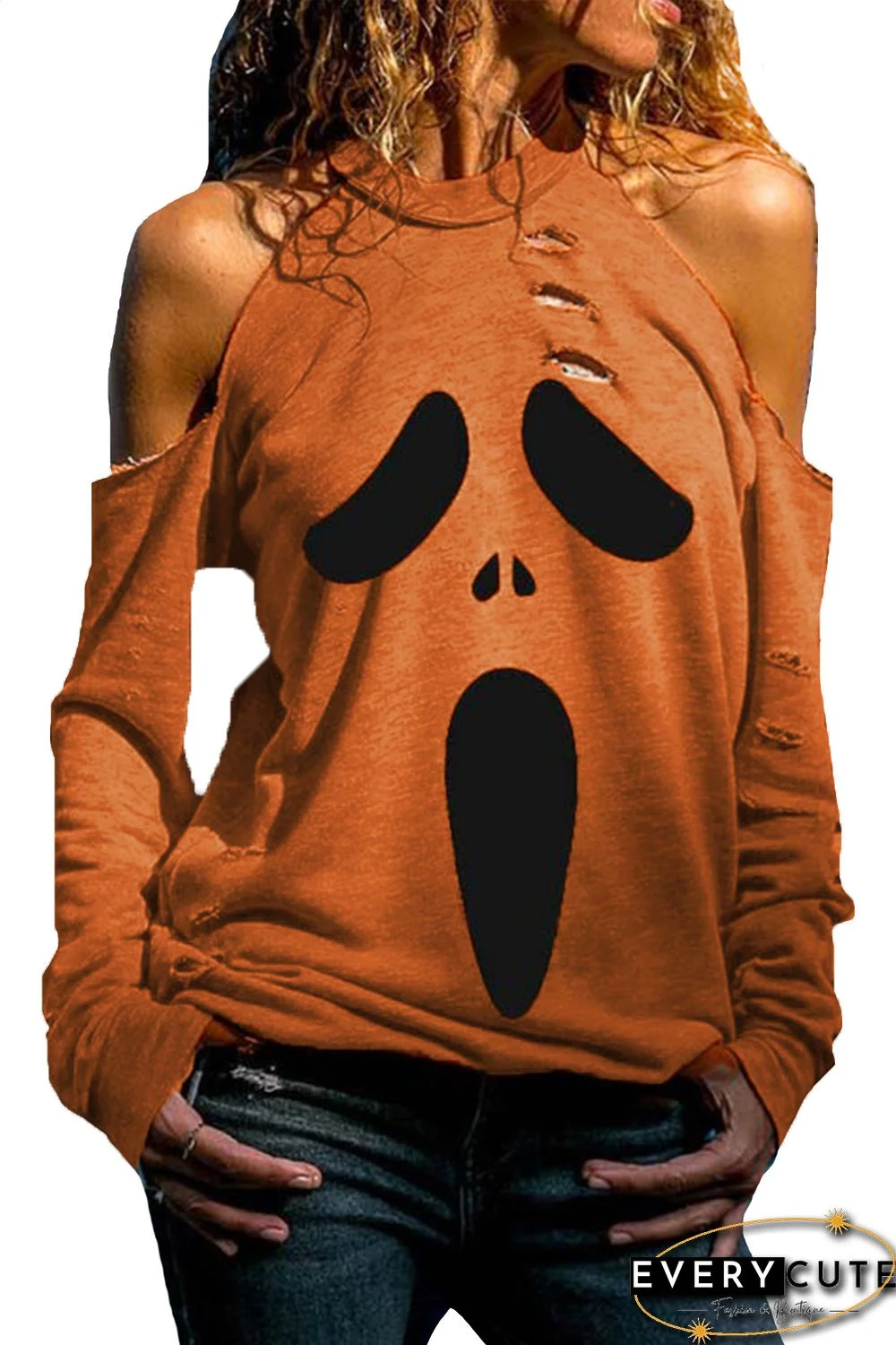 Orange Distressed Halloween Ghost Cold Shoulder Sweatshirt