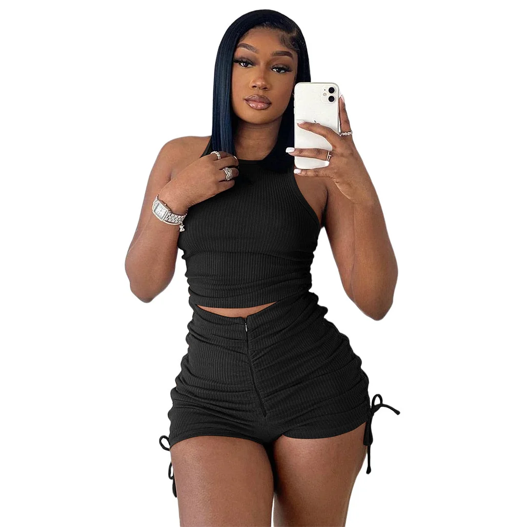 Women Summer Shorts Sets Casual Solid Color Two Pieces Ribbed Sports Suits Sleeveless Crop Tank Tops High Waist Zip Shorts