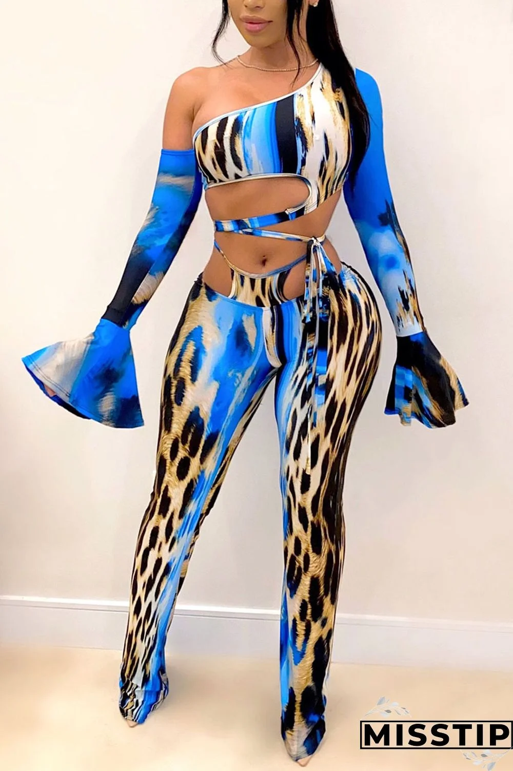 Blue Sexy Leopard Pants One Shoulder Long Sleeve Two Pieces