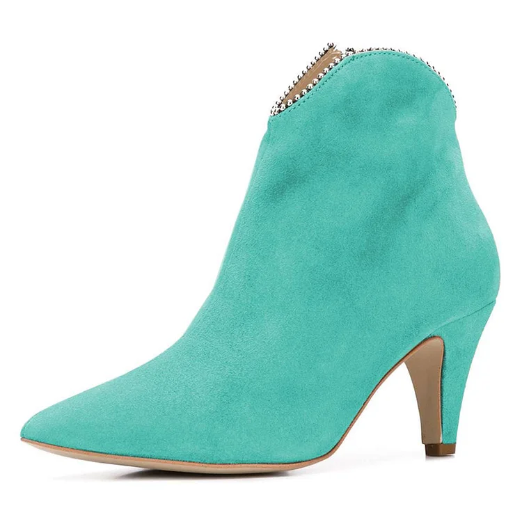 Cone Heel Ankle Booties with Zipper in Cyan Suede Pointy Toe Vdcoo