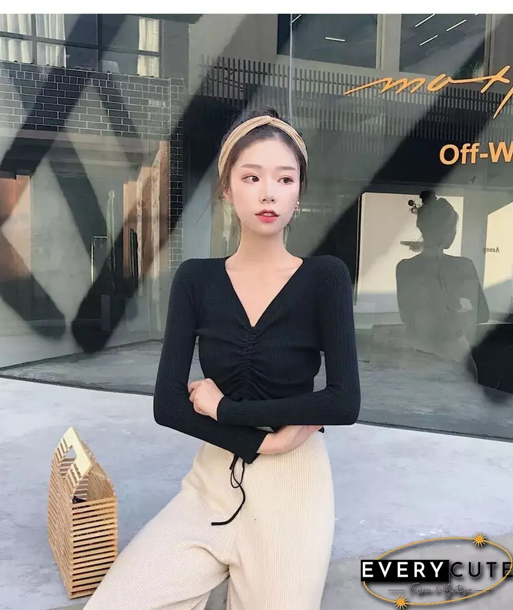 Sexy Neck Lace Crop Sweaters Women Solid Long Sleeve Knitted Pullover Womens Korean Style