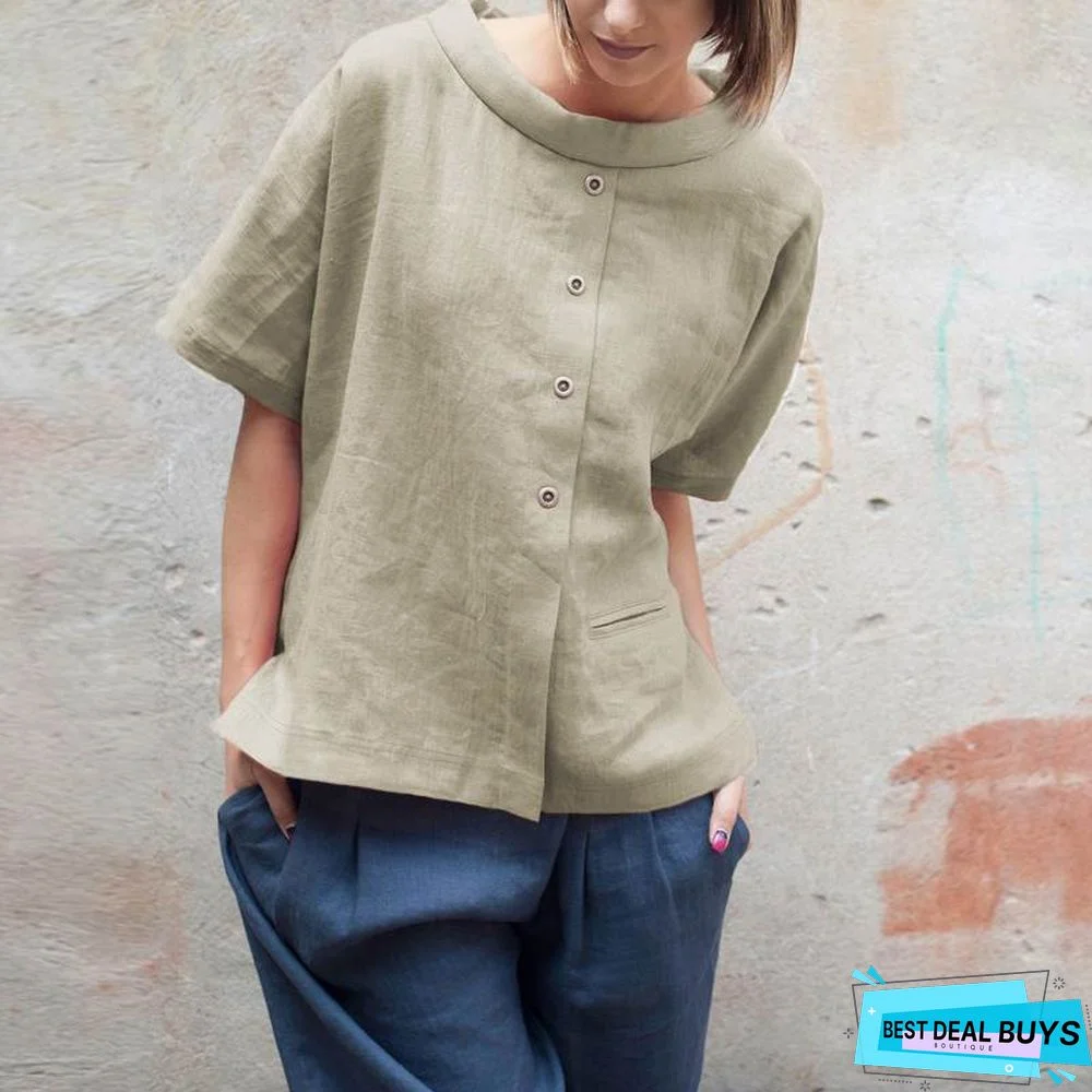Oversized Vintage Cotton Tops Women Blouses Short Sleeve Buttons Casual Shirts Pockets Loose Tops