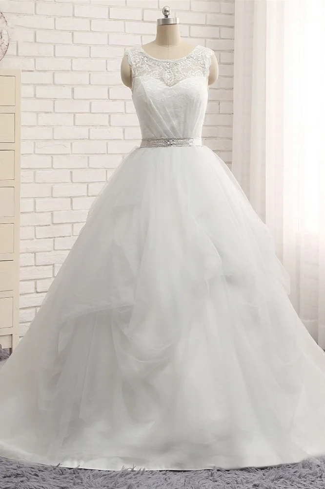 Luluslly Jewel Long Wedding Dresses With Lace Appliques