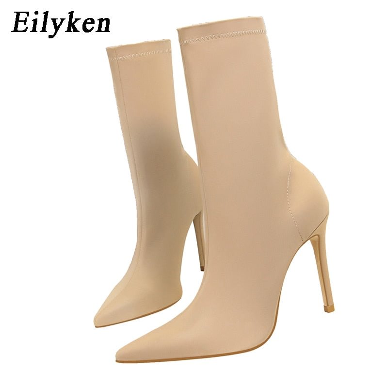 Eilyken 2022 Winter Fashion Women Boots Beige Pointed Toe Elastic Ankle Boots Heels Shoes Autumn Winter Female Socks Boots