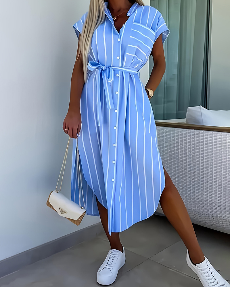 Blue And White Stripe Short Sleeve Single Breasted Midi Dress