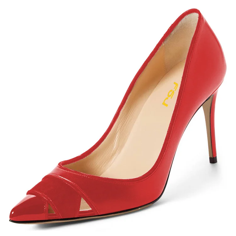 Red Office Heels Pointy Toe Hollow Out Dress Shoes |FSJ Shoes
