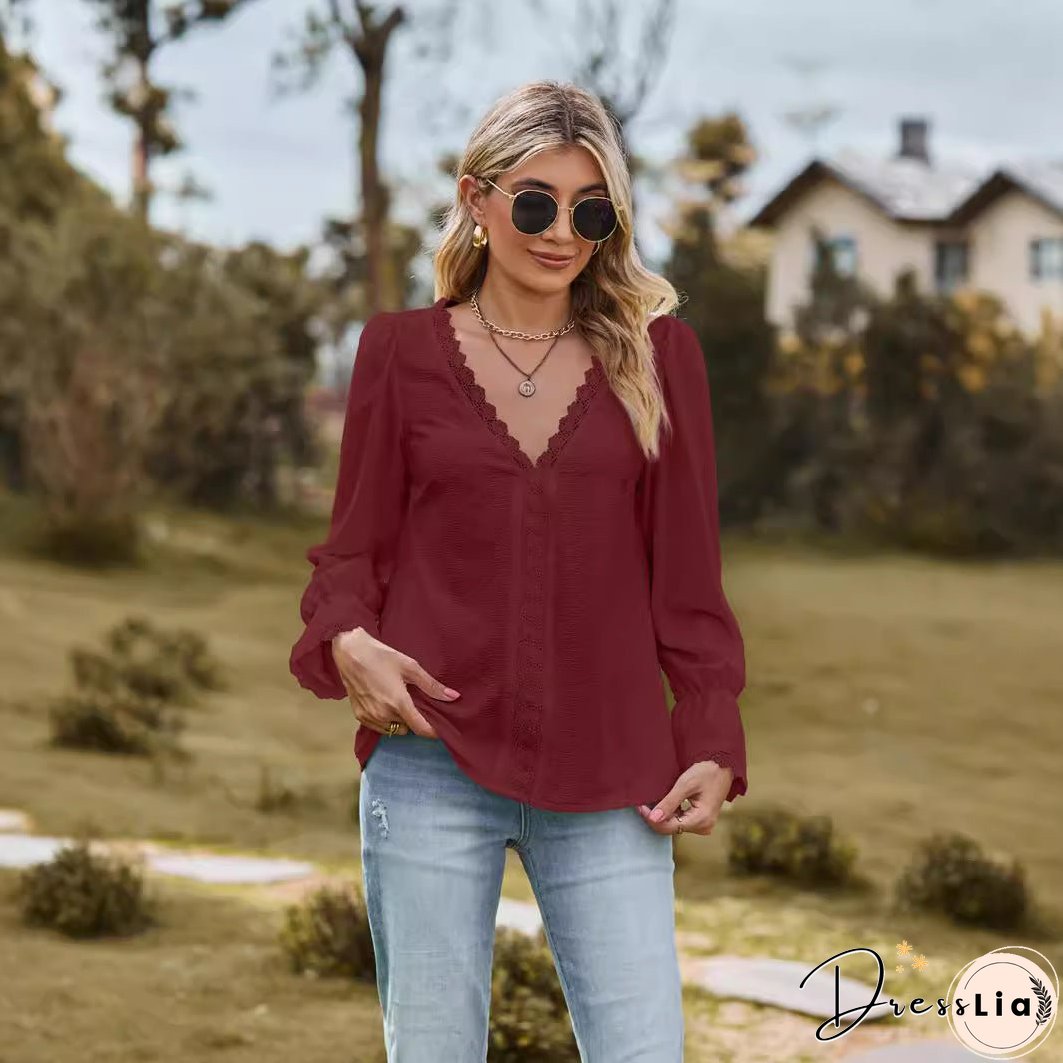 Women's Solid Color Pullover Stitching Lace Long-sleeved Blouses