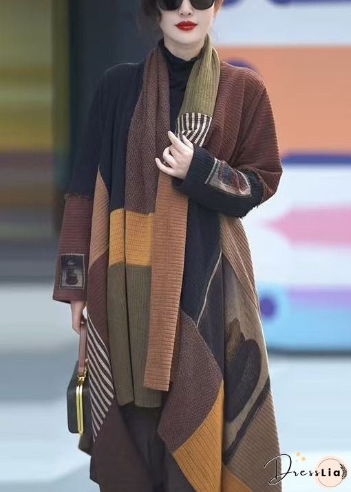Original Design Coffee V Neck Patchwork Cotton Cardigans Winter