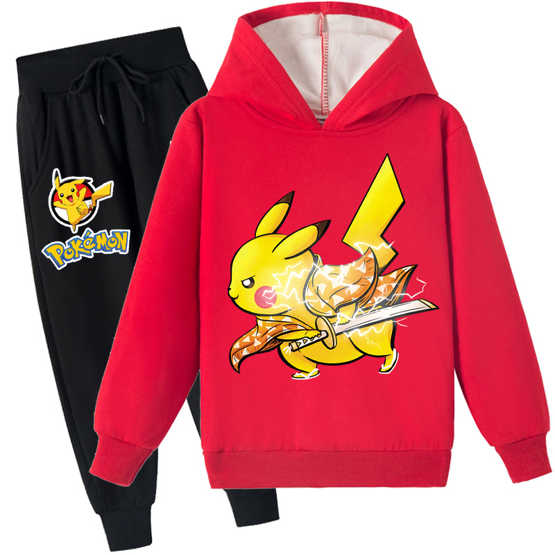 Mayoulove Pikachu Kids Plus Fleece Hoodie and Trousers Set - Adorable and Warm Clothing for Pikachu Fans - Perfect for Boys and Girls Aged 2-10.-Mayoulove