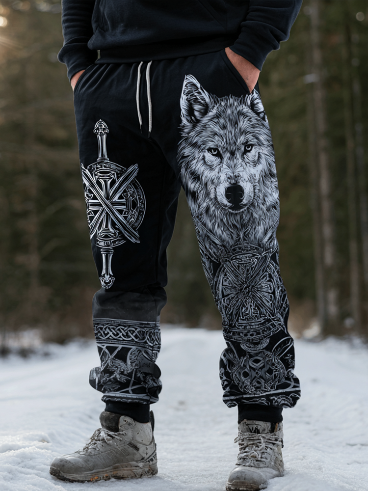 Men's Retro Viking Style Wolf Head Print Casual Sports Long Pants elevenforest