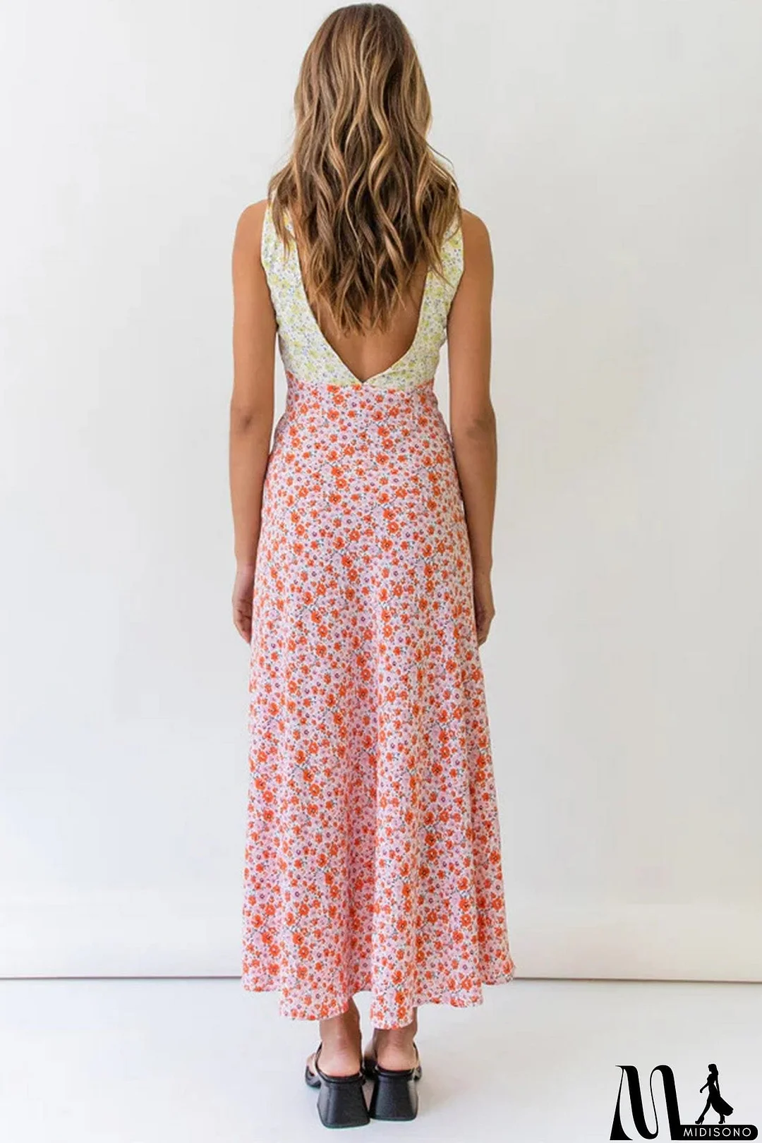 MidiSono - Contrast V Neck Floral Print Tie-back Dress