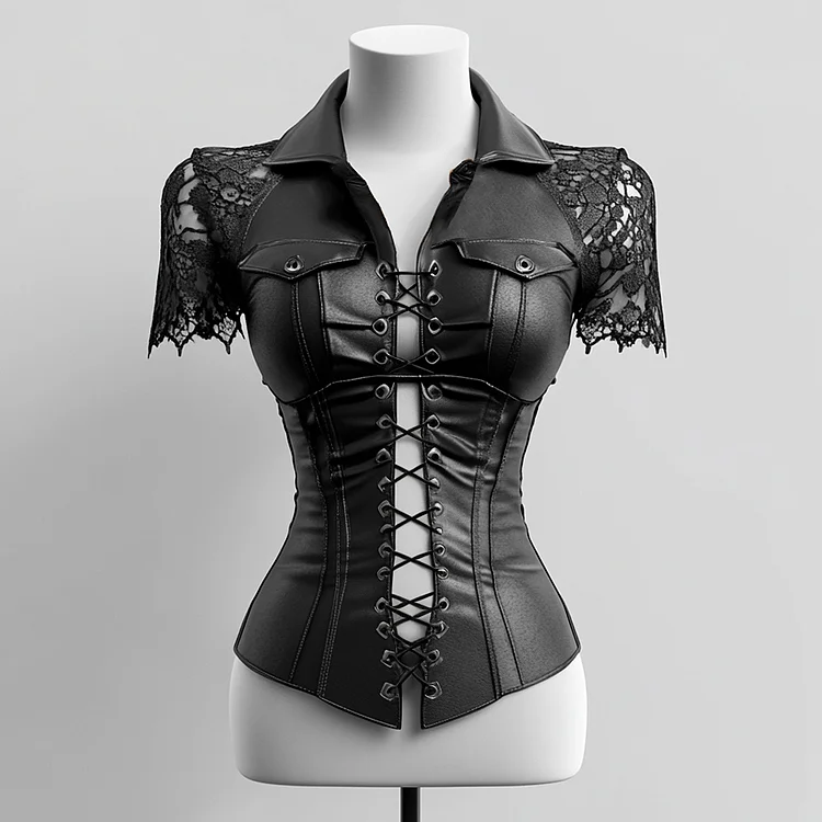 Ursime PU Leather Lace Short Sleeve Lace-Up Blouse