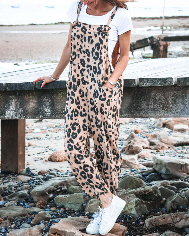 Leopard Print Adjustable Shoulder Strap Side Pockets Jumpsuit