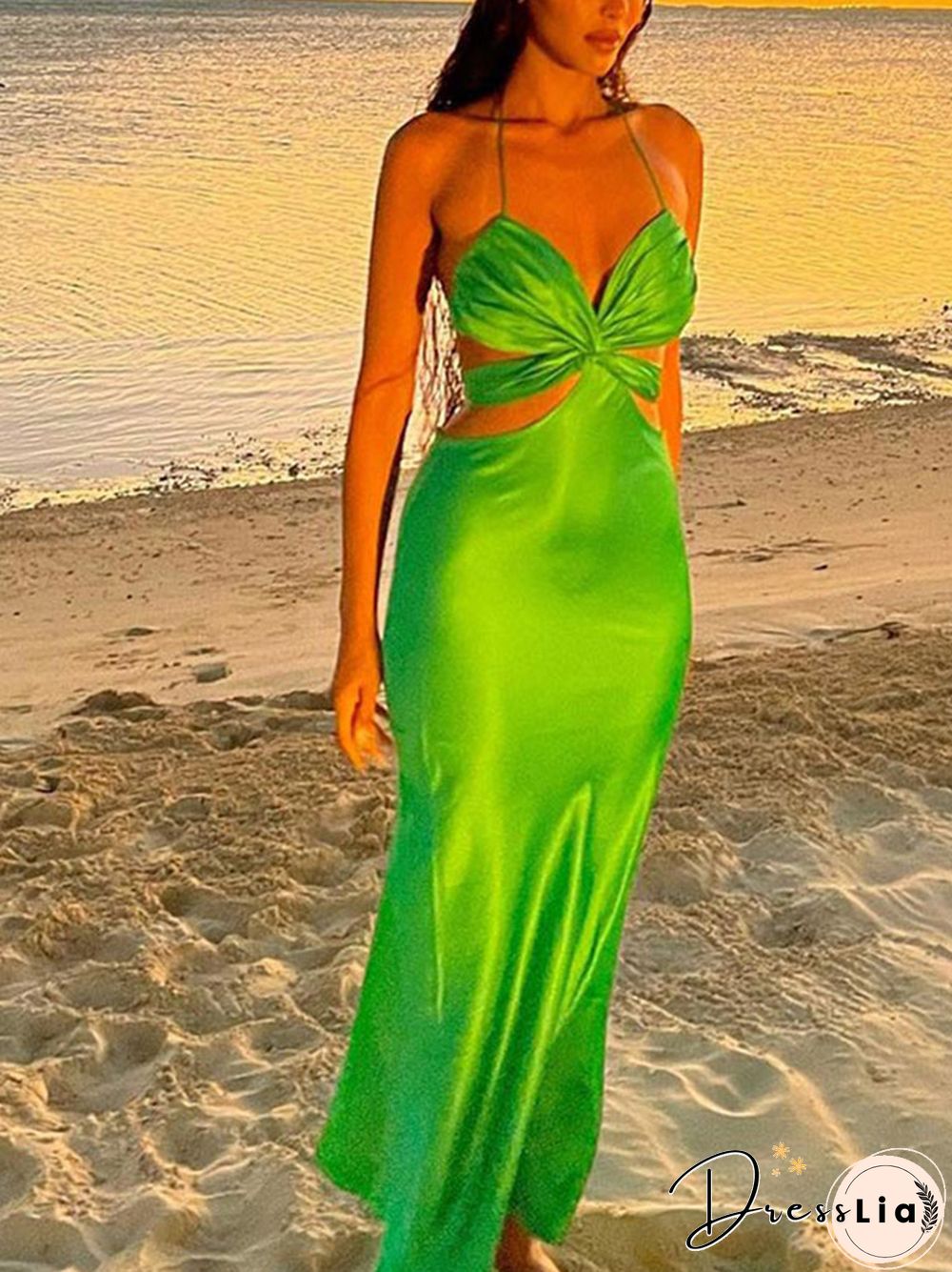 Sexy Solid Satin Camis Dress For Women Summer Beach Hollow Out Backless Dresses Female Fashion Elegant Party Club Slip Robe