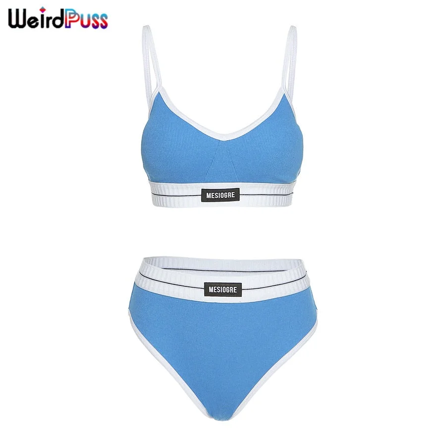 Weird Puss Ribbed Letter Print Cotton 2 Piece Set Beach Style Bra Padded Top+Thong Matching High Quality Casual Vacation Outfits