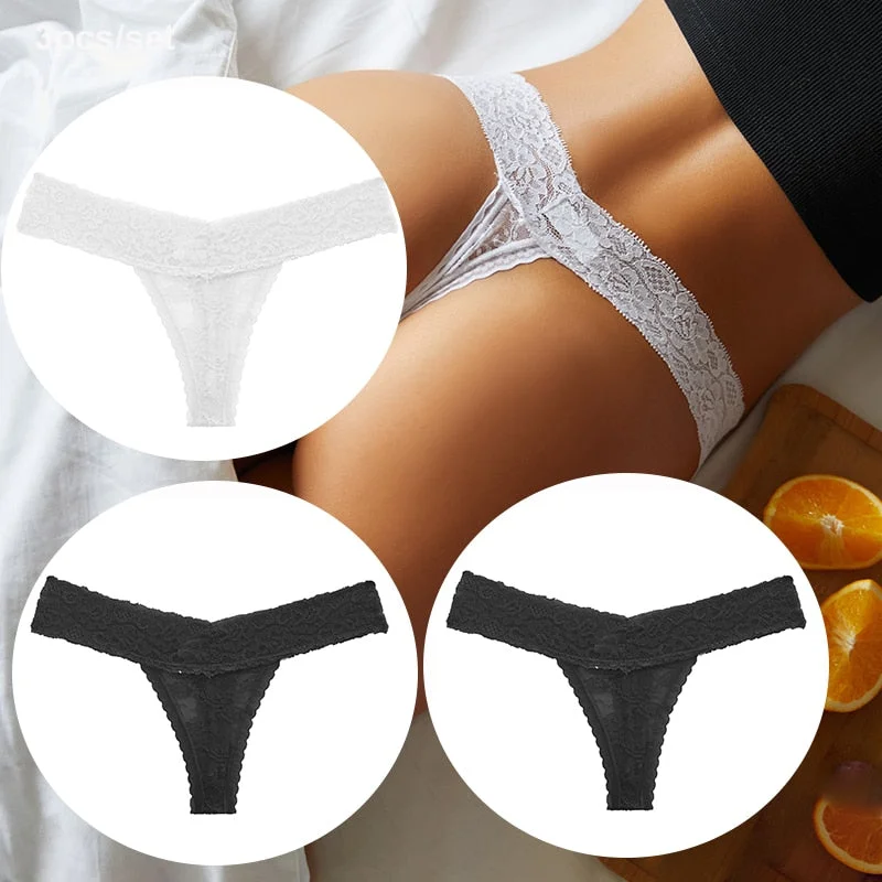 FINETOO 3PCS/Set Women Lace Sexy G-string Perspective Lingerie Temptation Panties Thong Underwear Panty Female Intimates M-XL