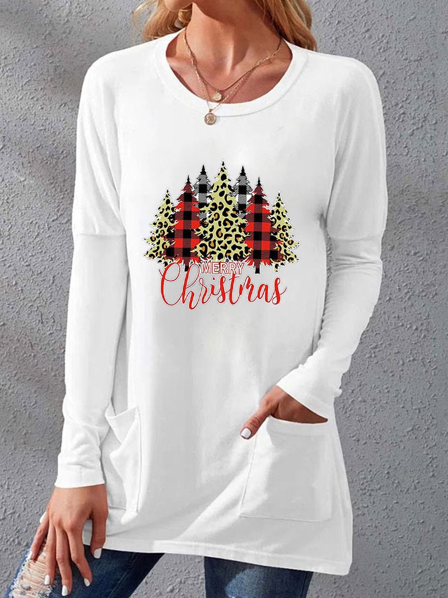 Round Neck Casual Loose Christmas Tree Print Long Sleeve T-shirt