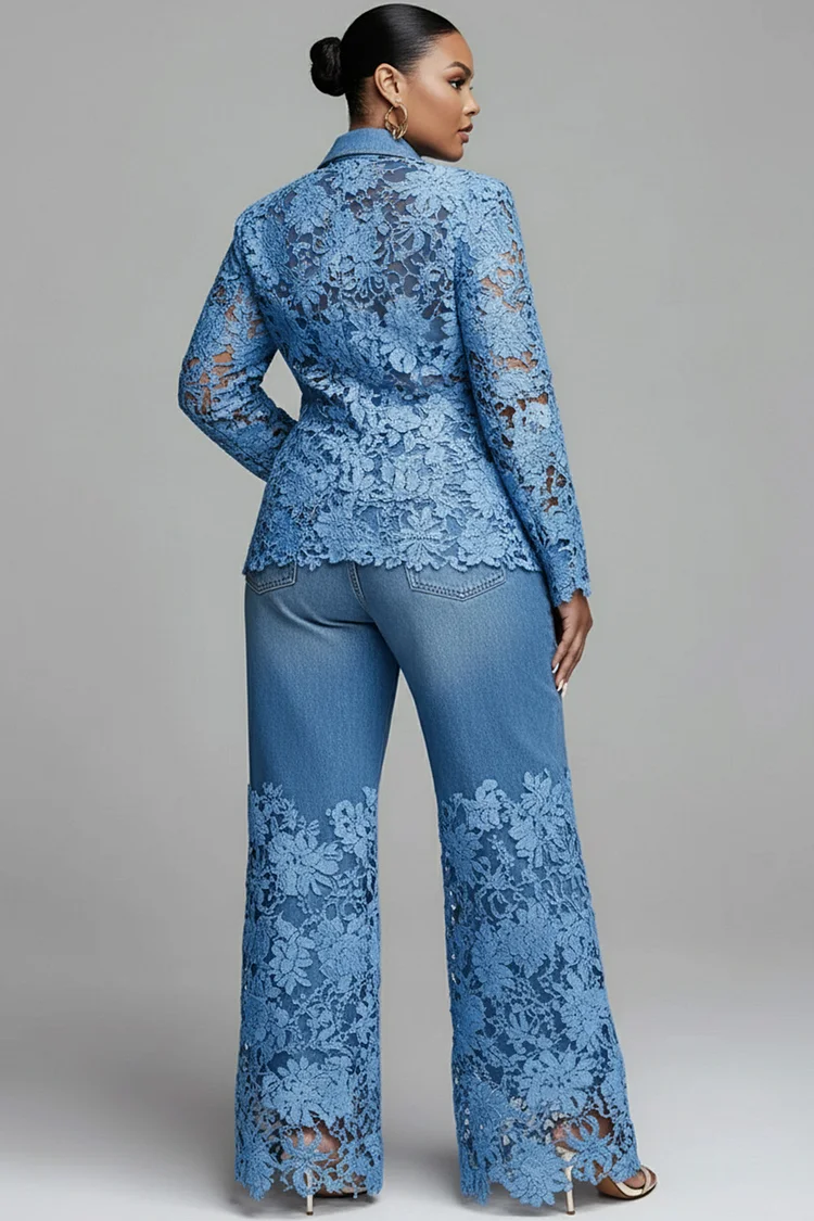 Xpluswear Design Plus Size Business Casual Blue Lapel Collar Long Sleeve Contrast Elegant See Through Lace Denim Two Piece Pant Suits [Pre-Order]