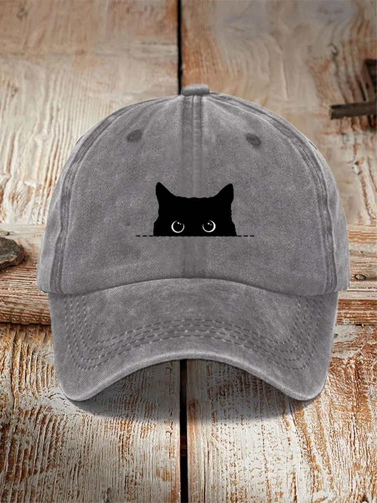 Japanese Art Black Cat Print Washed Hat