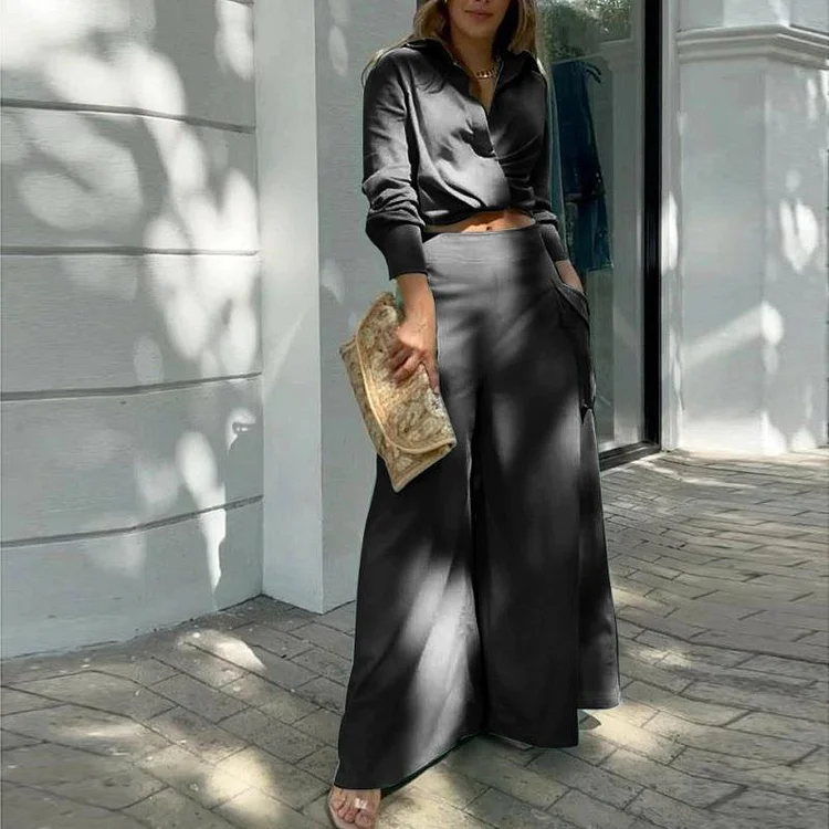 Solid Color Loose Pockets Fashion Pants Casual Set