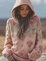 Vintage Boho Roses Embroidered Cozy Knit Hooded Sweater