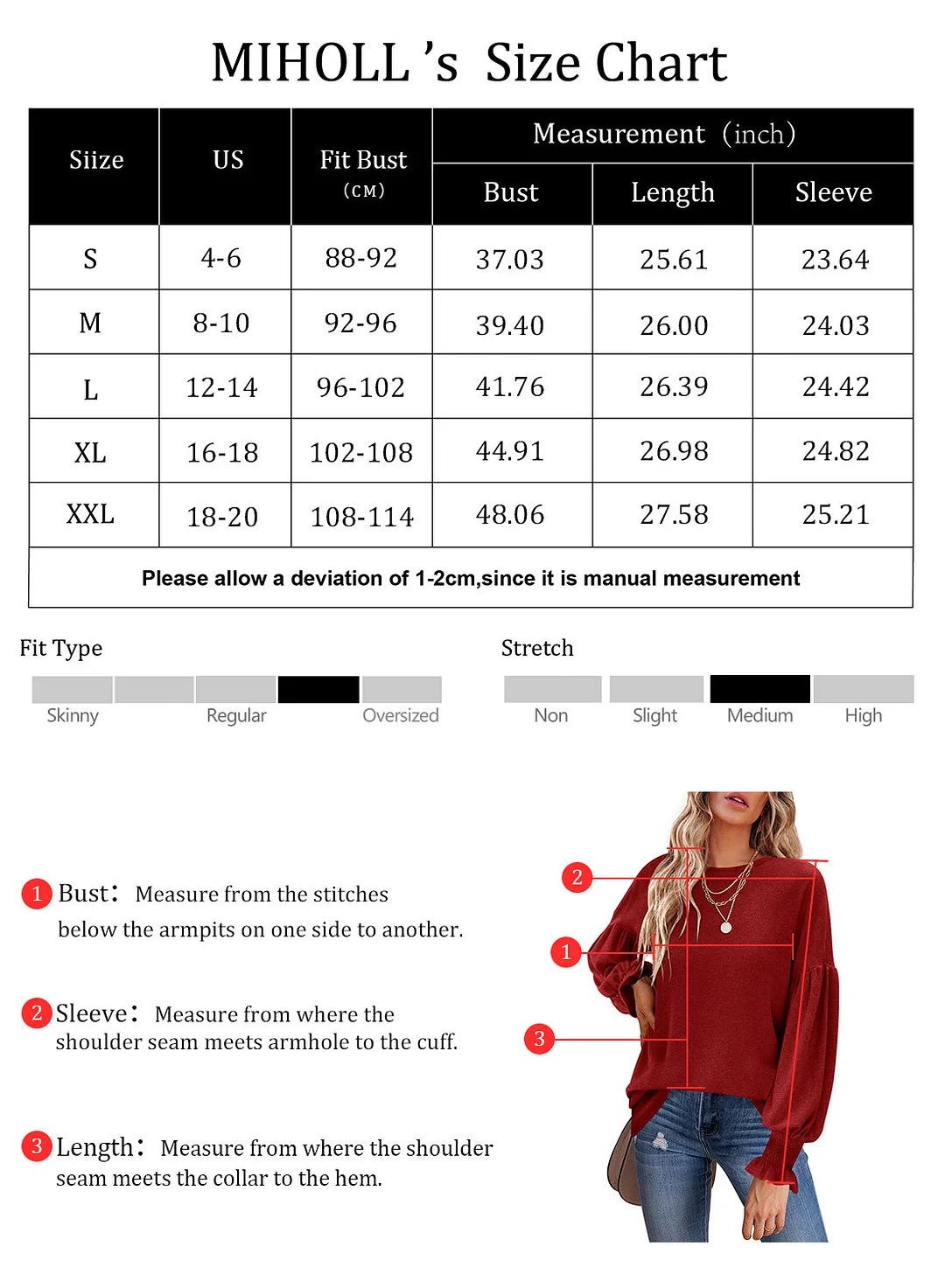 MIHOLL Womens Long Sleeve Top Crew Neck Ruffle Lantern Sleeve Casual Loose Blouse T Shirts