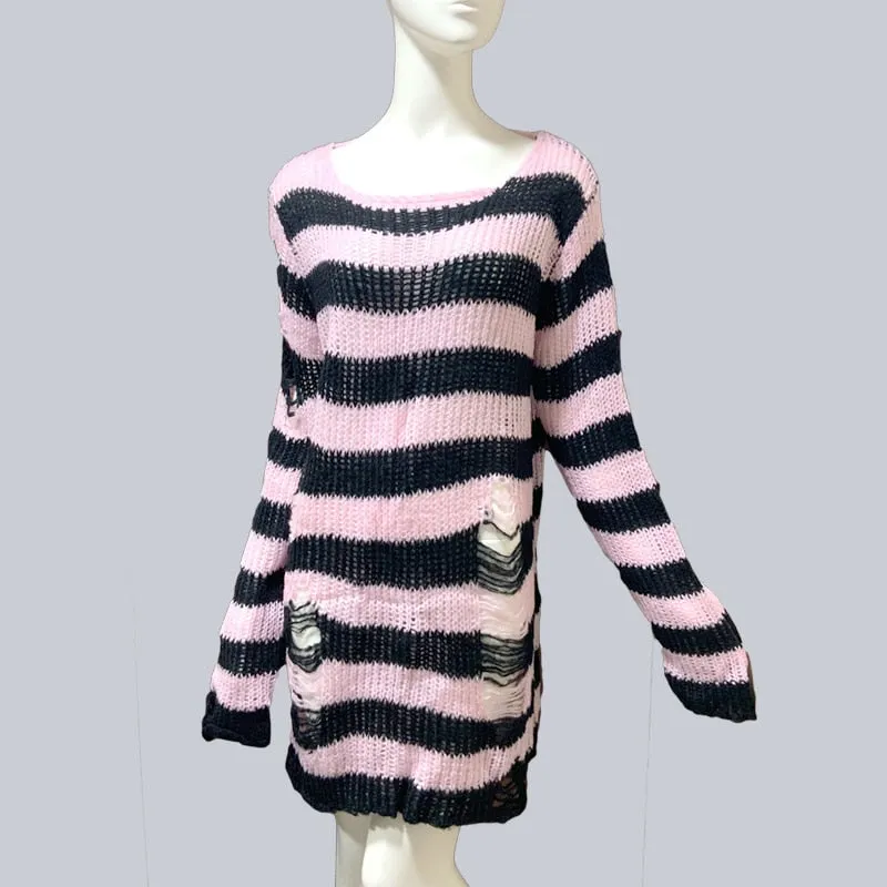 Plus Size Punk Gothic Long Unisex Sweater Dress Women Man Striped Cool Hollow Out Hole Broken Jumper Loose Rock Thin Sweter 2021