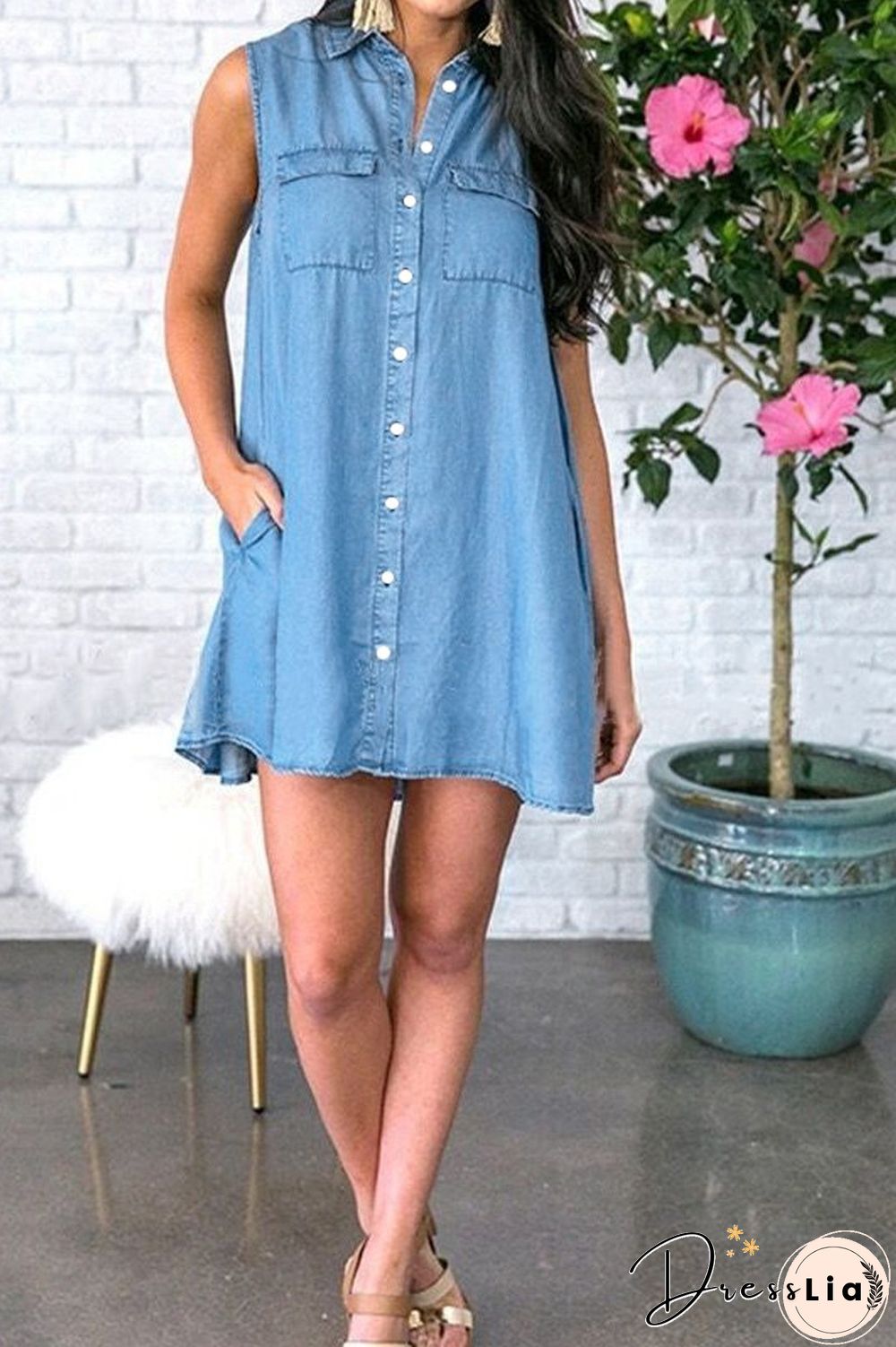 Denim Sleeveless Shirt Mini Dress