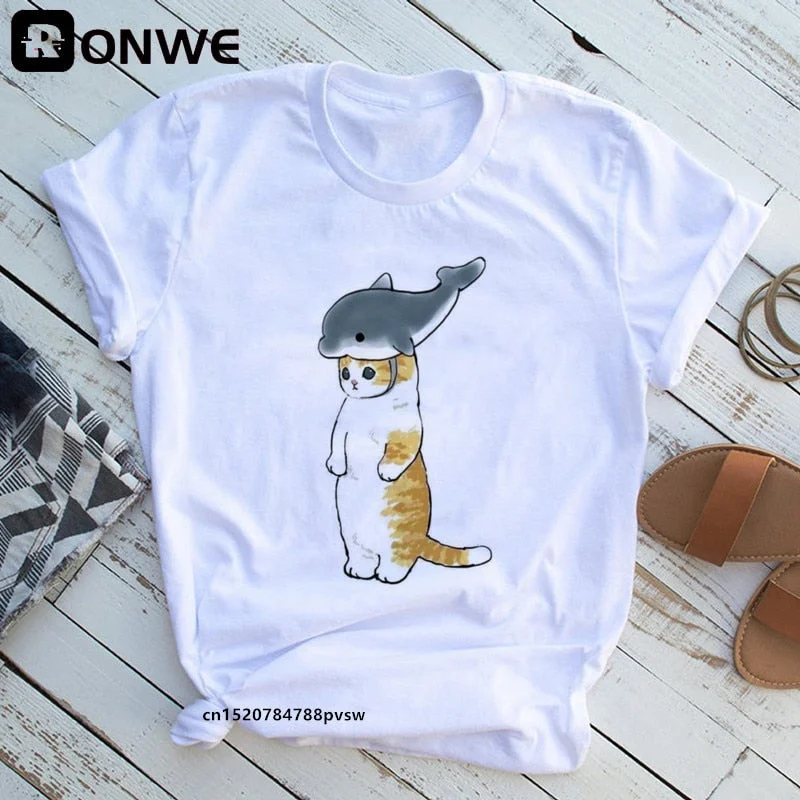 Cat Shark Funny Women Cartoon Y2K T shirt Female 90s Summer Clothing Girl Fashion Black T-shirts,Drop Shipping
