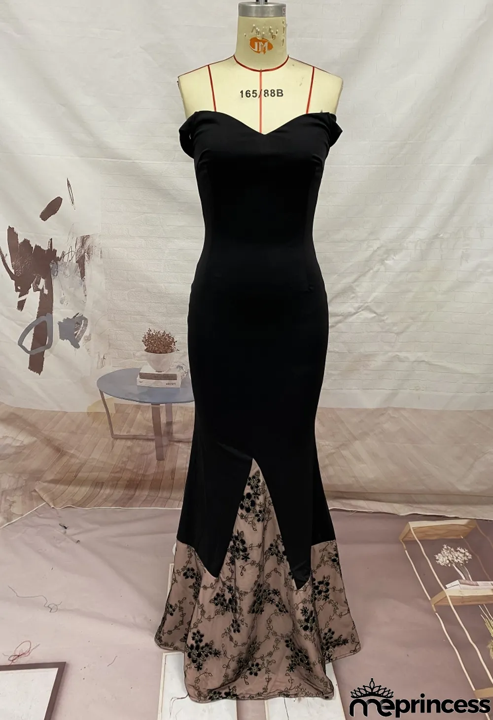 Women Summer Black Vintage Off-the-shoulder Sleeveless Floral Print Embroidery Mermaid Evening Dress