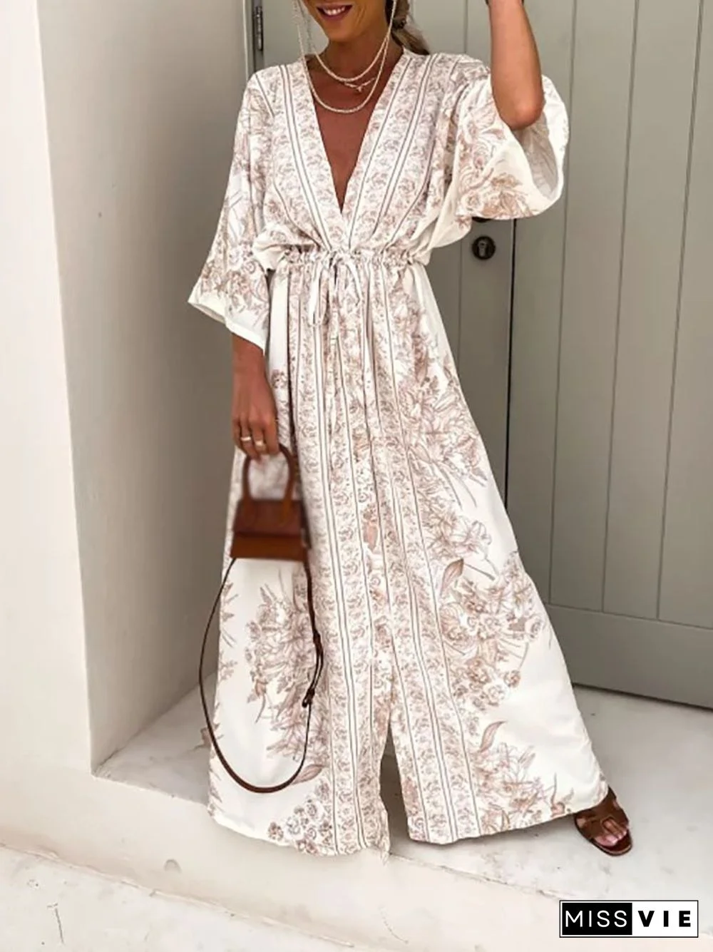 New Boho Print Short Sleeve Women Dress Drawstring Waist Summer V Neck Loose Dress Sexy Split Folds Robe Dress Vintage Vestidos