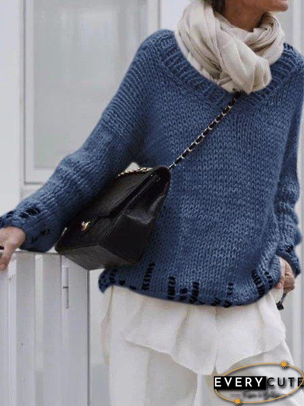 Casual V Neck Long Sleeve Sweater