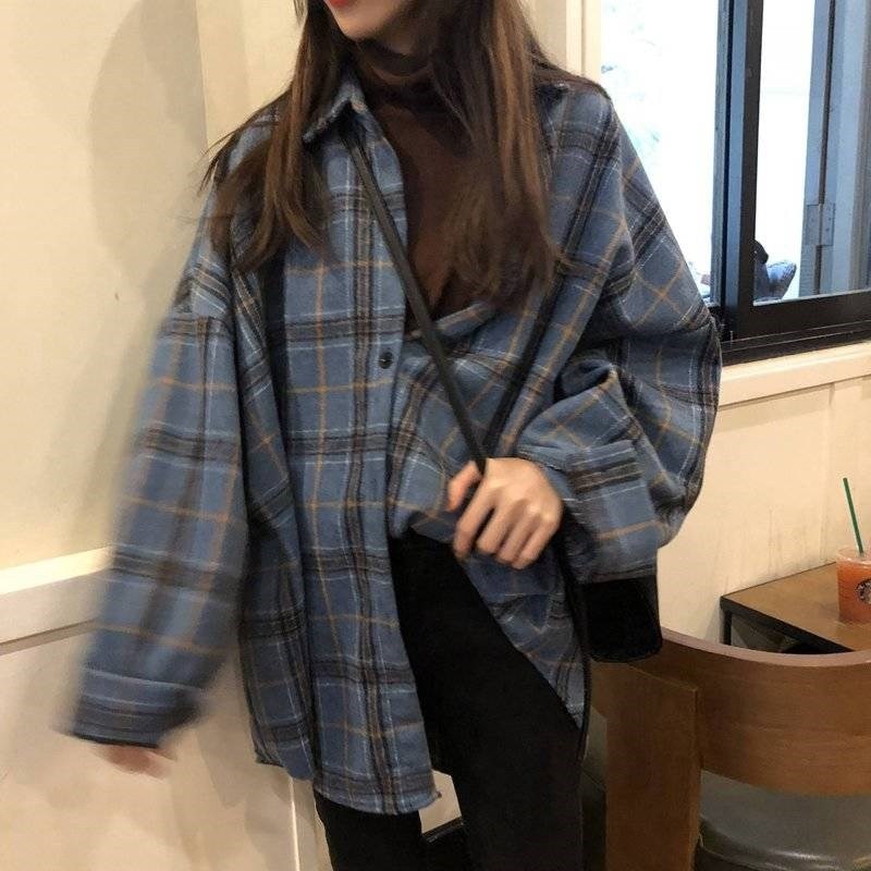 Llyge Shirts For Women Plaid Long Sleeve Button Up Shirt Collared Tops And Blouse 2024 Vintage Loose Loose Flannel Boyfriend Shirt llyge