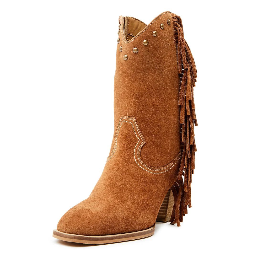 Brown Vegan Suede Chunky Heel Studded Cowgirl Boots with Fringes