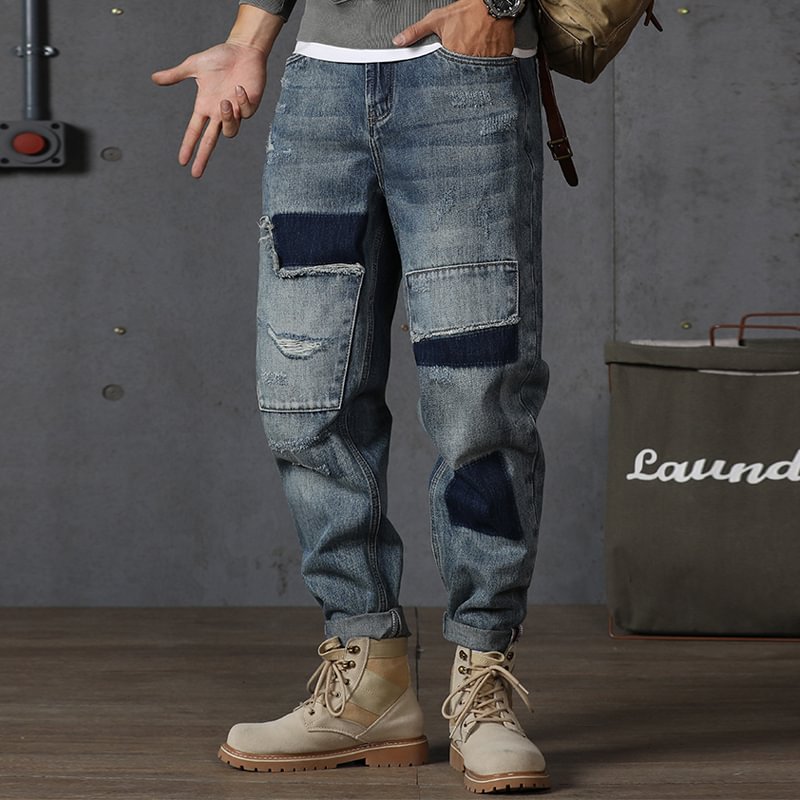 American Style Paneled Straight Leg Loose Ripped Washed Jeans