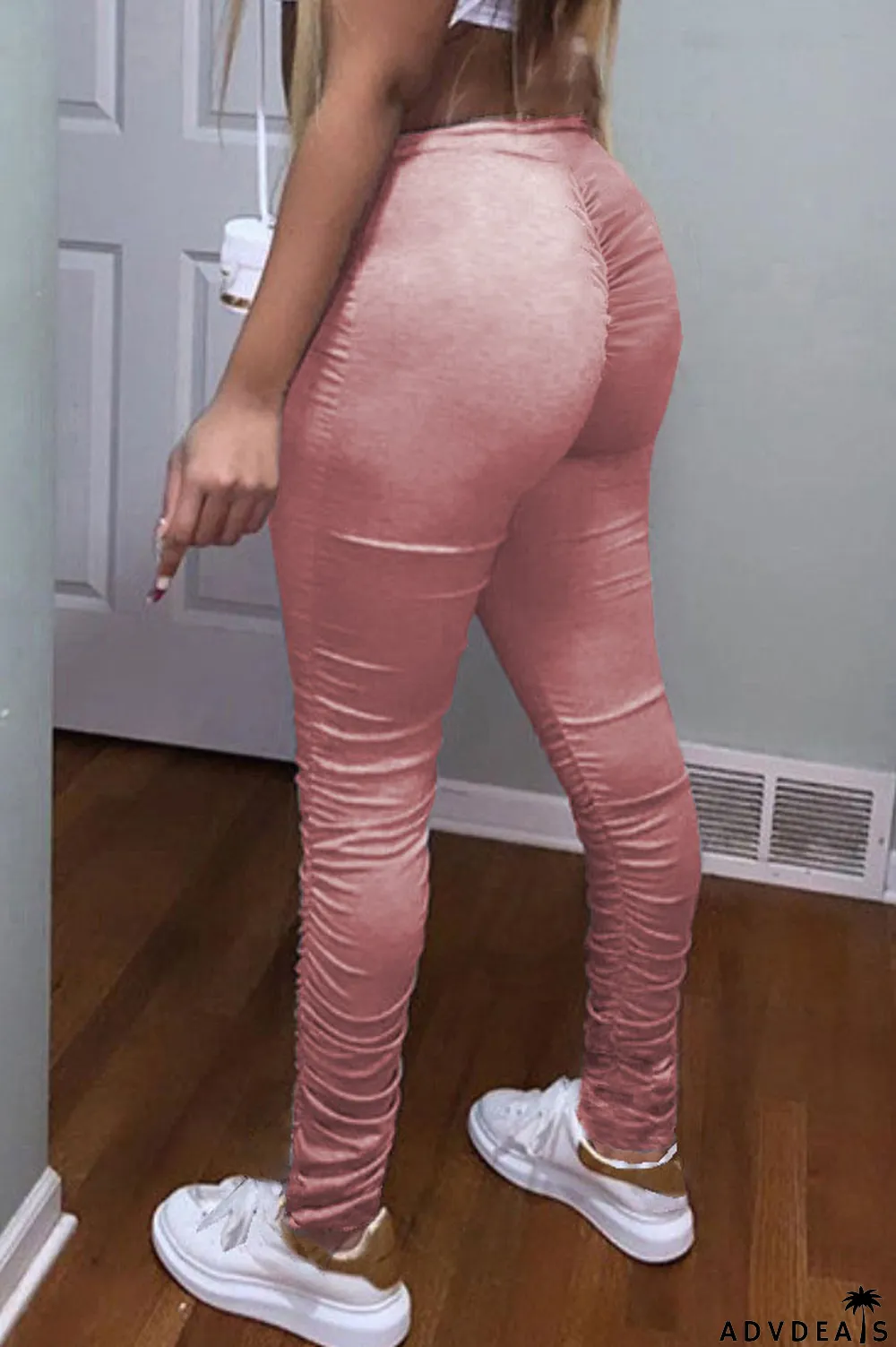 Blue Cotton Elastic Fly High Solid Draped pencil Pants Bottoms