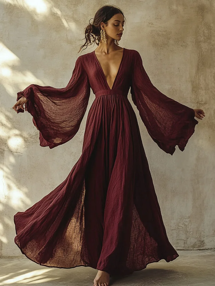Women's Casual V-Neck Linen Shirt Dress
