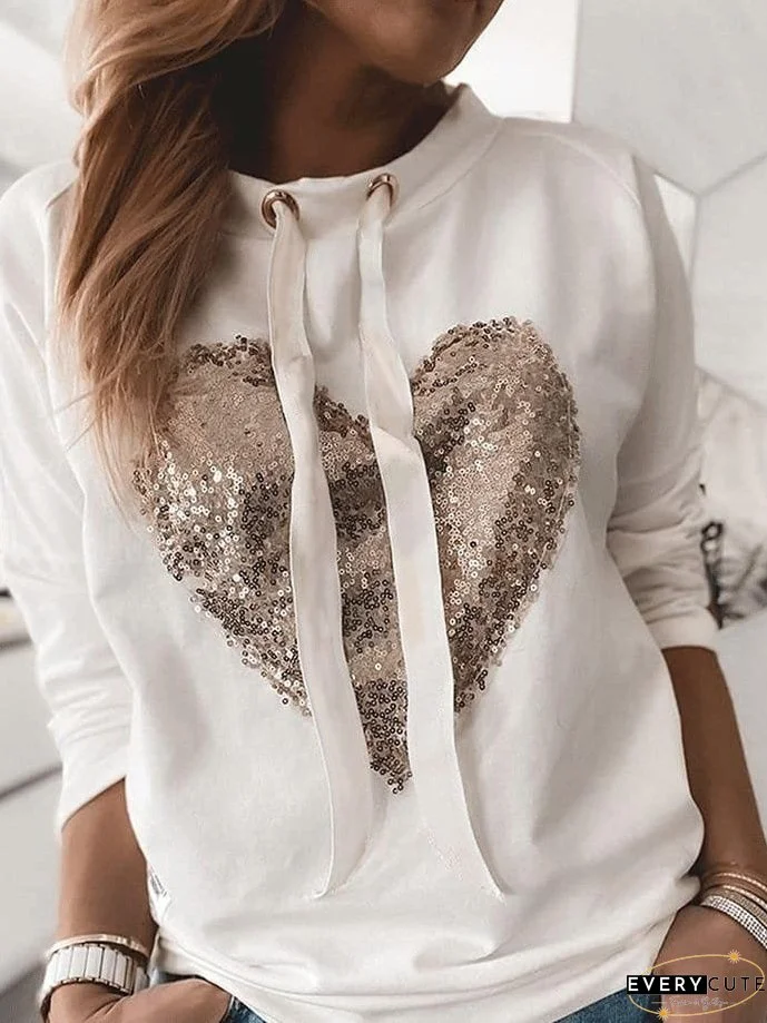 Hoodies Heart-Shaped Sequined Long Sleeve Sweatshirt for Women