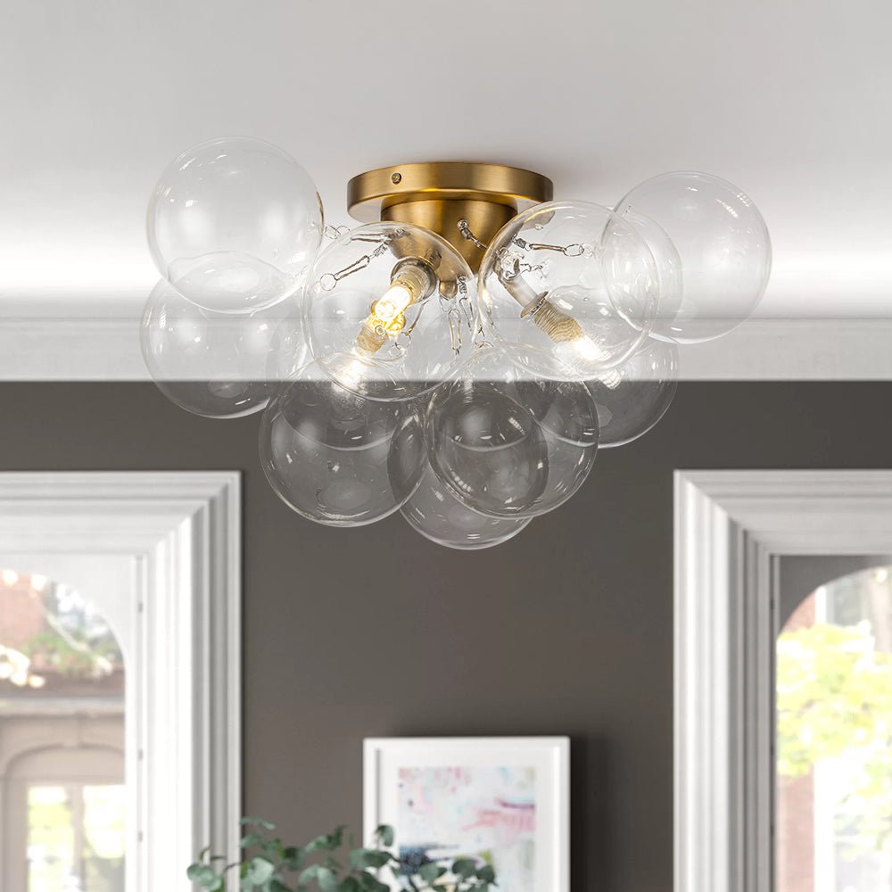3-Light Bubble Glass Globe Ceiling Light - Brushed Brass Semi-Flush Mount