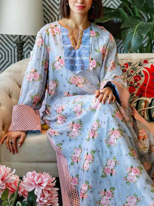 Pink rose printed blue maxi dress