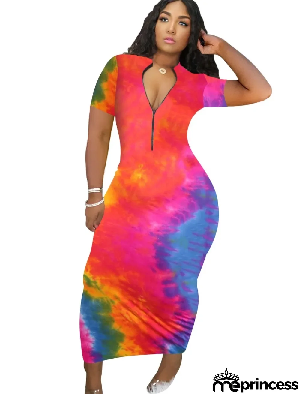 Sexy Tie Dye Zipper Long Dress