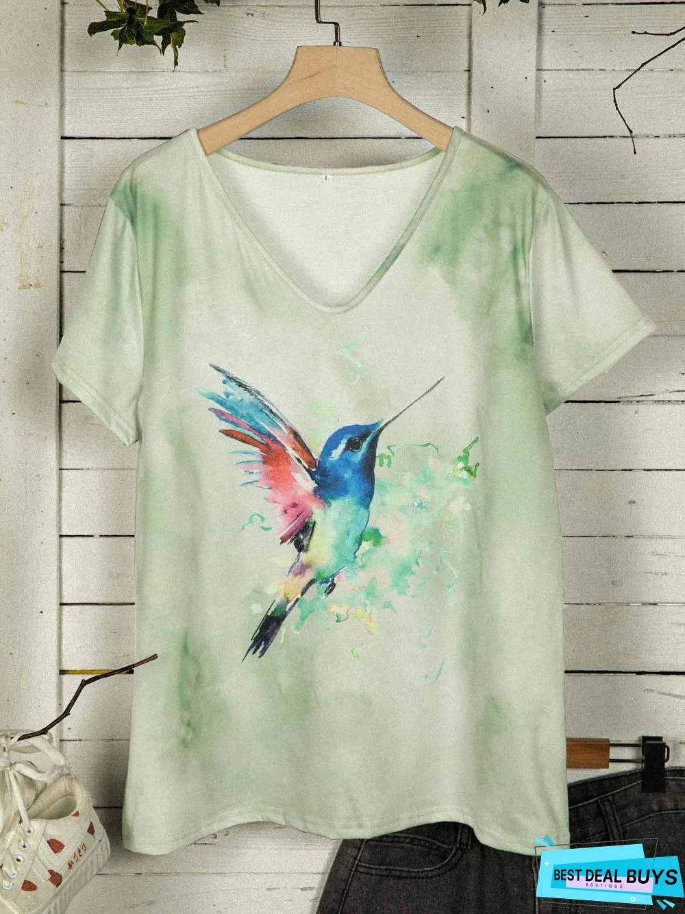 Bird Print V Neck Cotton-Blend Short Sleeve T-Shirts