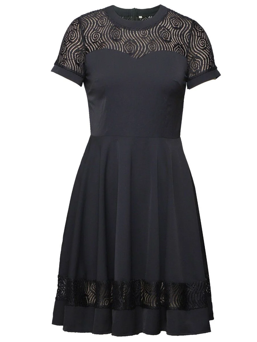 Women's Black Dress Round Neck Hollow Pitchwork Lace Prom Maxi Dress