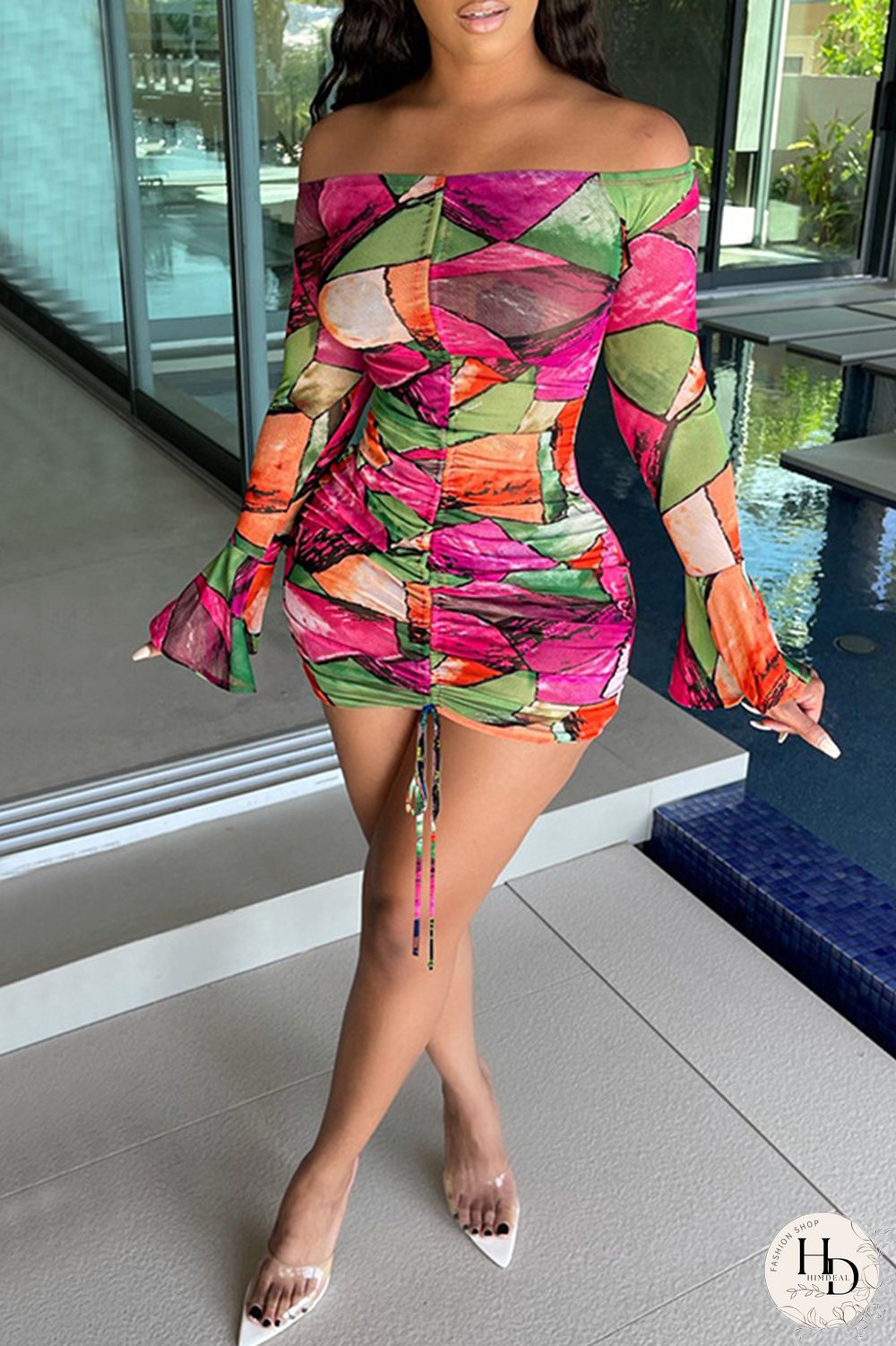 Rose Red Fashion Sexy Print Draw String Backless Bateau Neck Printed Dress