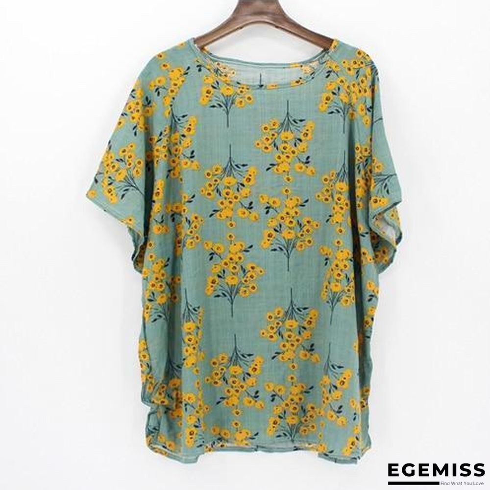 4XL Plus Size Women Batwing Casual Tops Tees Floral Print Cotton Linen Blouses | EGEMISS