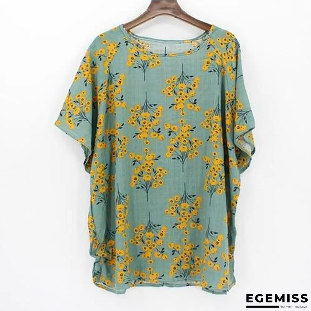 4XL Plus Size Women Batwing Casual Tops Tees Floral Print Cotton Linen Blouses | EGEMISS