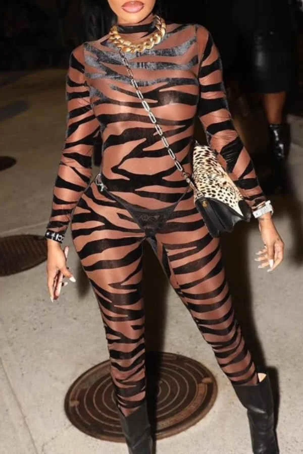 Sexy See Through Zebra Stripe Slim Jumpsuit