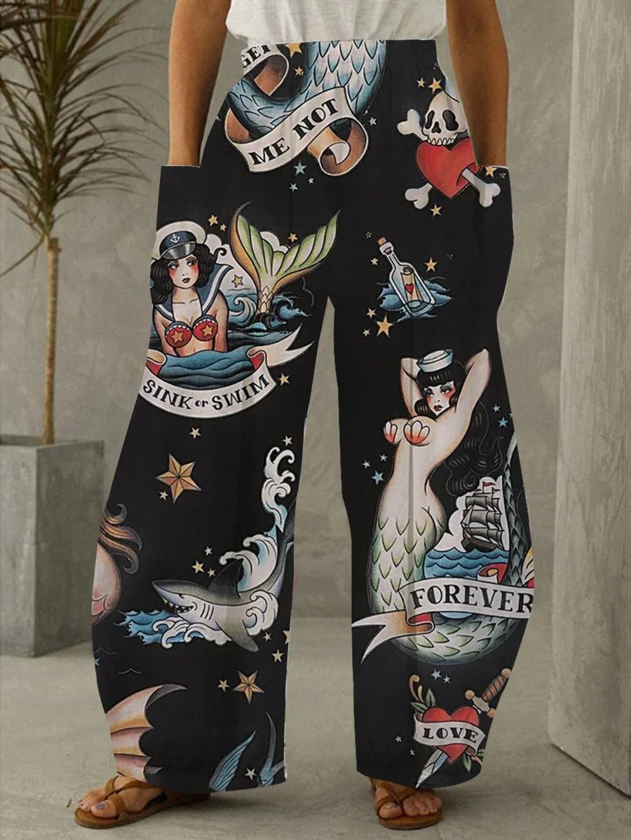 Women's Retro Black Mermaid Printed Pants