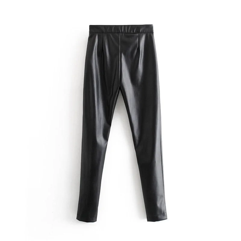 Aachoae Women Stylish PU Faux Leather Stretch Pants 2021 Solid High Waist Ladies Pencil Trousers Full Length Streetwear Bottoms