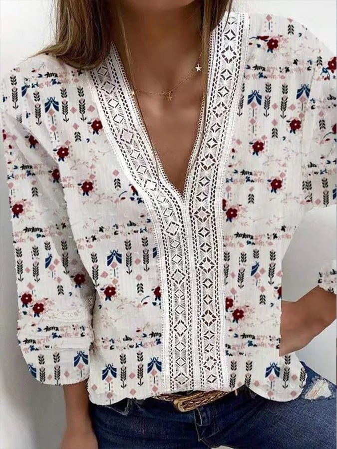Women's V-neck Loose Casual Cotton Linen Long Sleeved Shirt